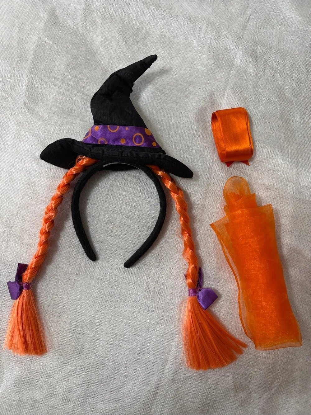🎃 Costume Set - Witch Hat Headband, Orange Scarf & Orange Ribbon